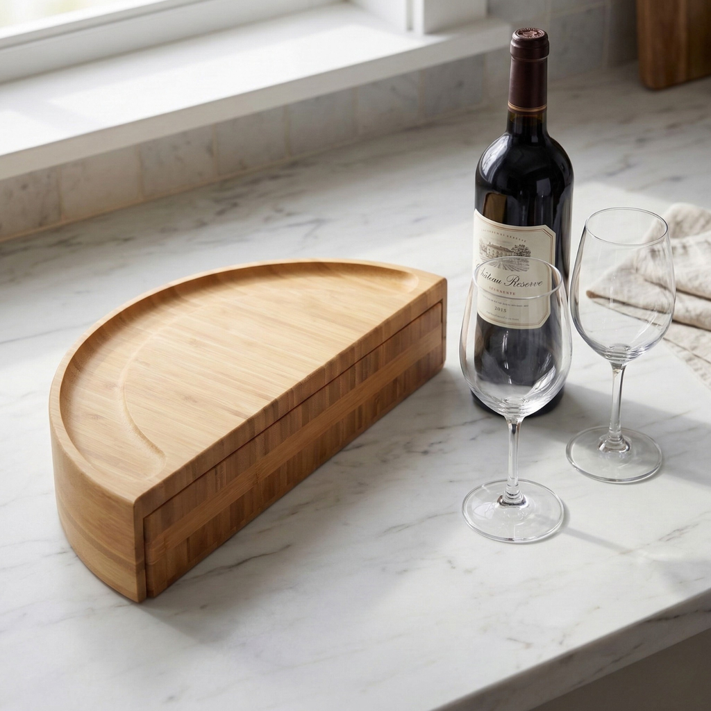Rotating Bamboo Charcuterie Board Set Space Saving Semi-Circle Cheese Board with Knives & Serving Bowls