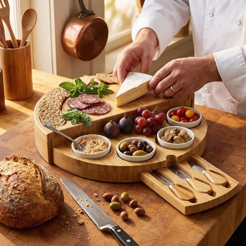 Rotating Bamboo Charcuterie Board Set Space Saving Semi-Circle Cheese Board with Knives & Serving Bowls