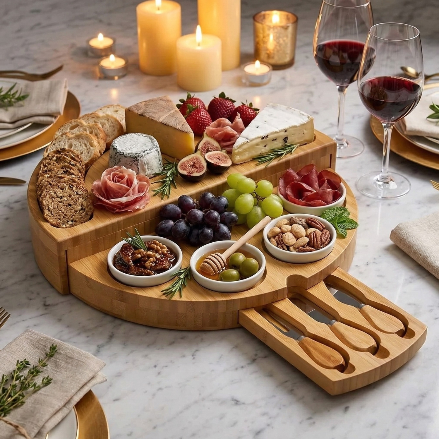 Rotating Bamboo Charcuterie Board Set Space Saving Semi-Circle Cheese Board with Knives & Serving Bowls