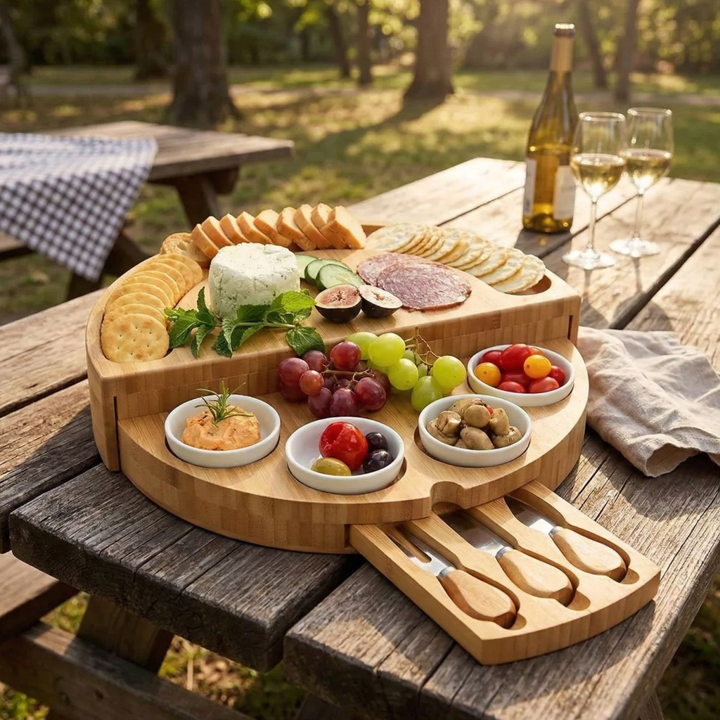Rotating Bamboo Charcuterie Board Set Space Saving Semi-Circle Cheese Board with Knives & Serving Bowls