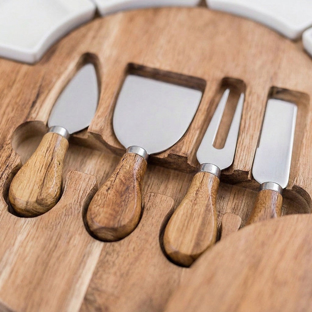Rotating Bamboo Charcuterie Board Set – 360° Lazy Susan Cheese Board with Ceramic Bowls & Cheese Knives