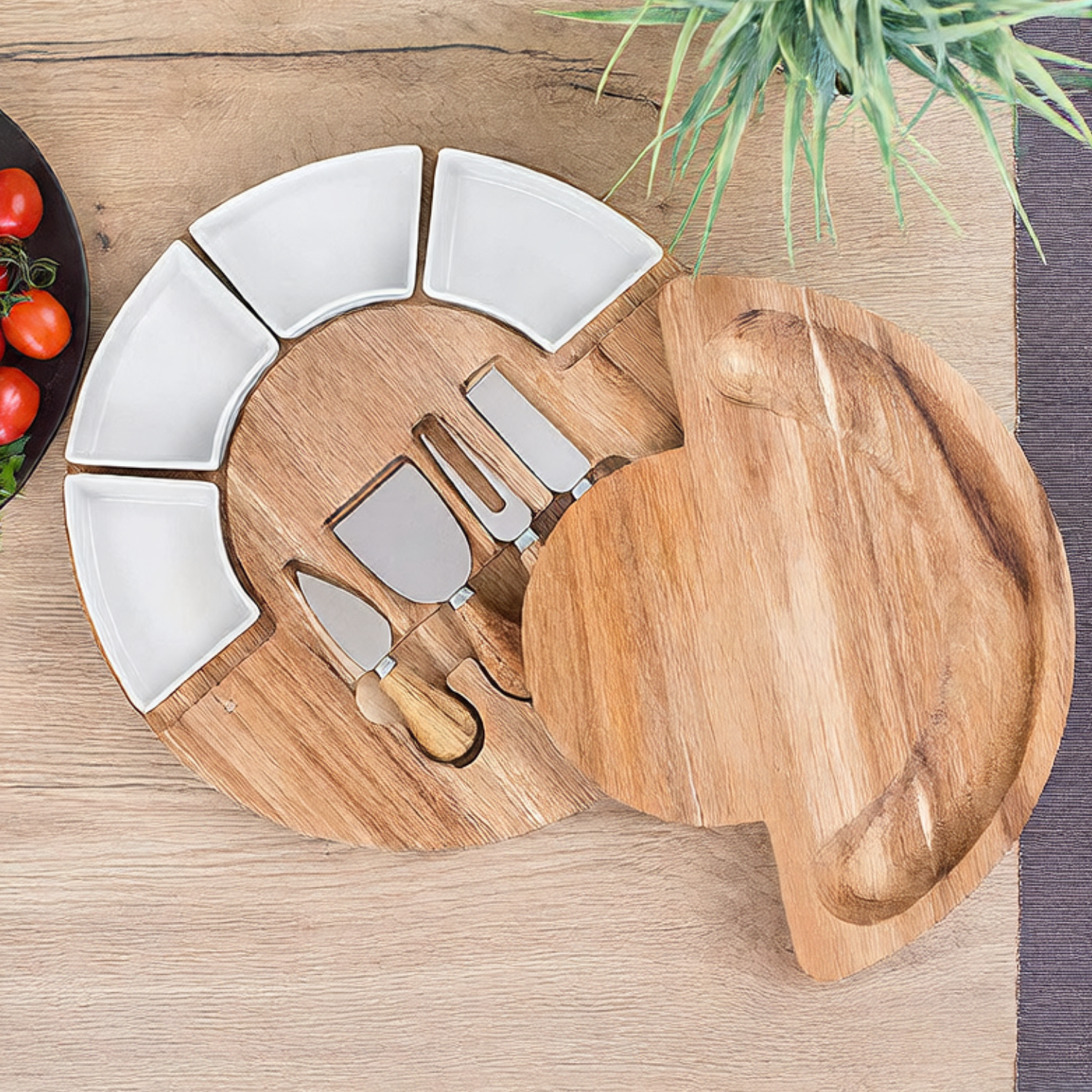 Rotating Bamboo Charcuterie Board Set – 360° Lazy Susan Cheese Board with Ceramic Bowls & Cheese Knives