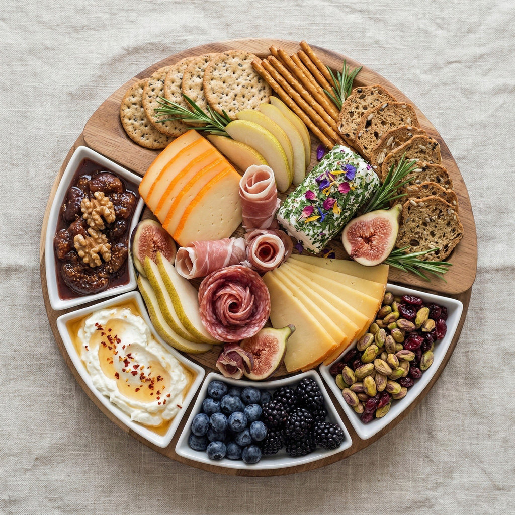 Rotating Bamboo Charcuterie Board Set – 360° Lazy Susan Cheese Board with Ceramic Bowls & Cheese Knives