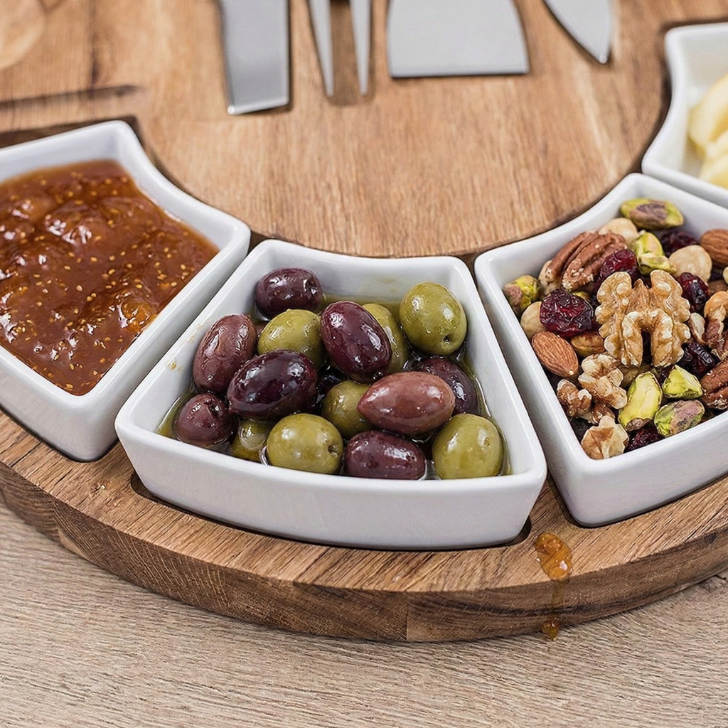Rotating Bamboo Charcuterie Board Set – 360° Lazy Susan Cheese Board with Ceramic Bowls & Cheese Knives
