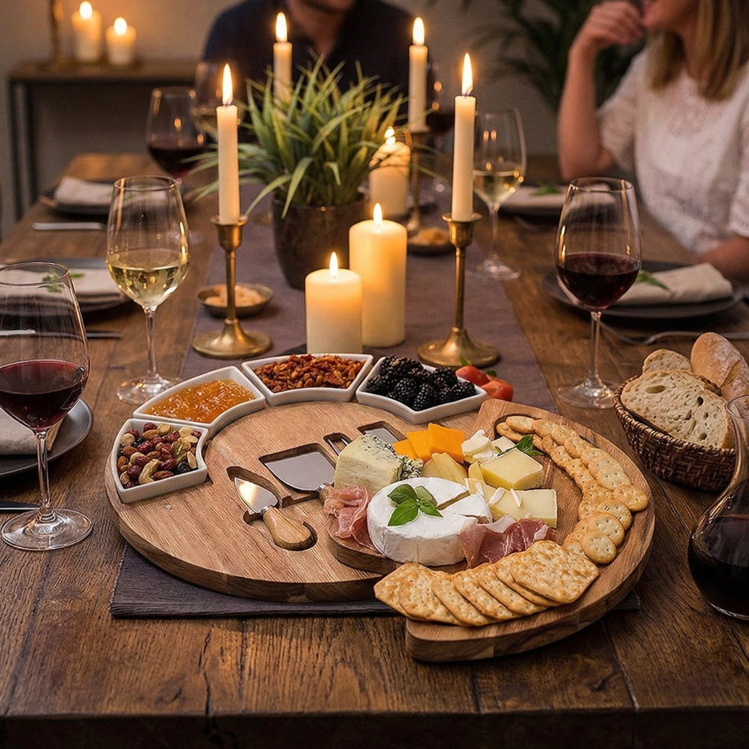 Rotating Bamboo Charcuterie Board Set – 360° Lazy Susan Cheese Board with Ceramic Bowls & Cheese Knives