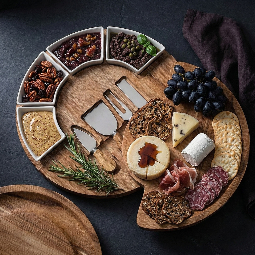 Rotating Bamboo Charcuterie Board Set – 360° Lazy Susan Cheese Board with Ceramic Bowls & Cheese Knives