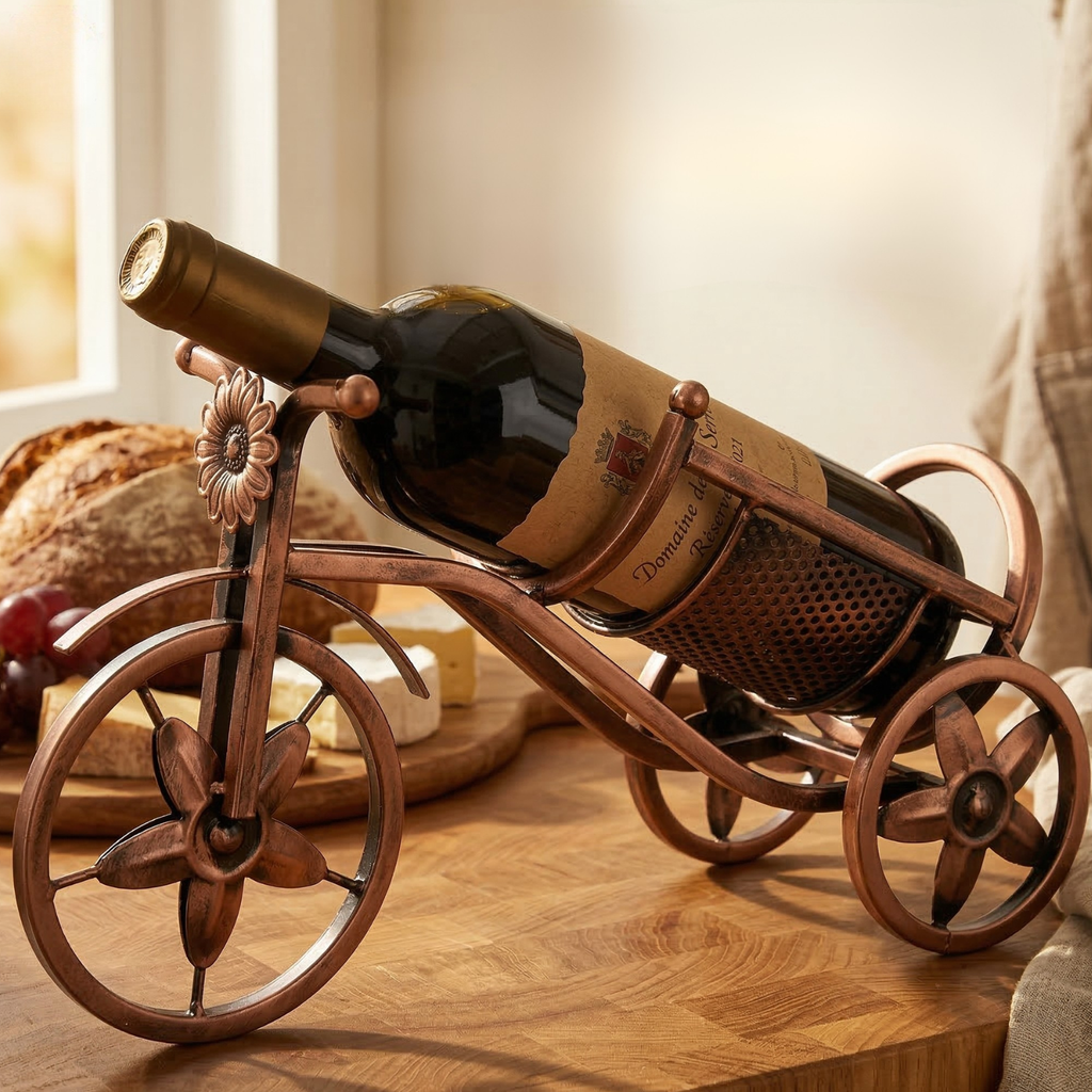 Bronze tricycle wine rack with bottle cradle and wire mesh basket front