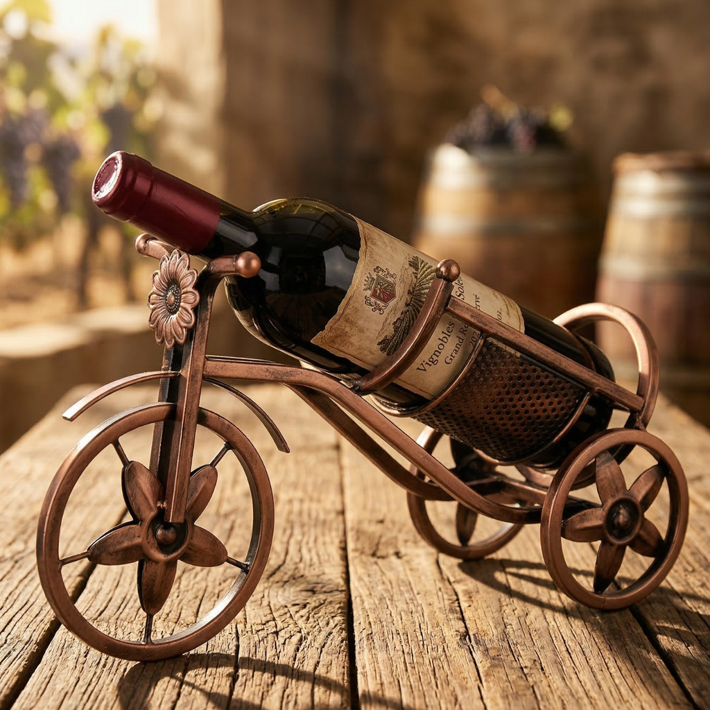 Bronze tricycle wine rack with bottle holder and decorative flower on front post