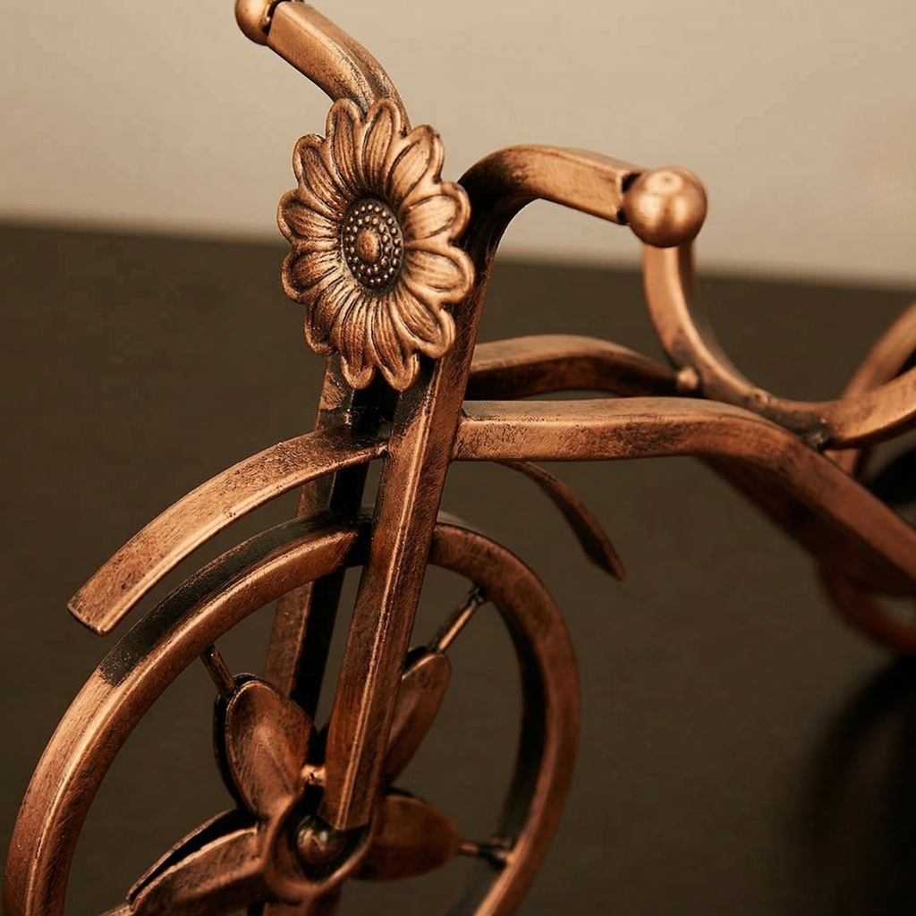 Bronze tricycle wine rack ornament flower on front post, decorative metal details