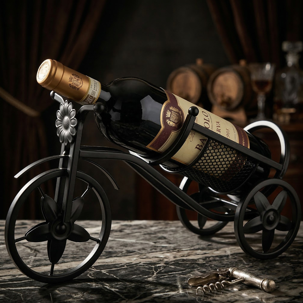 Black tricycle wine rack with bronze-toned flower ornament, holds a wine bottle