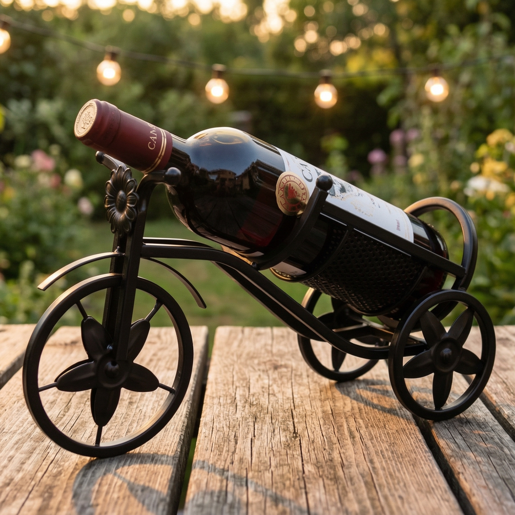 Tricycle wine rack in black iron with ornate wheels, holds a wine bottle