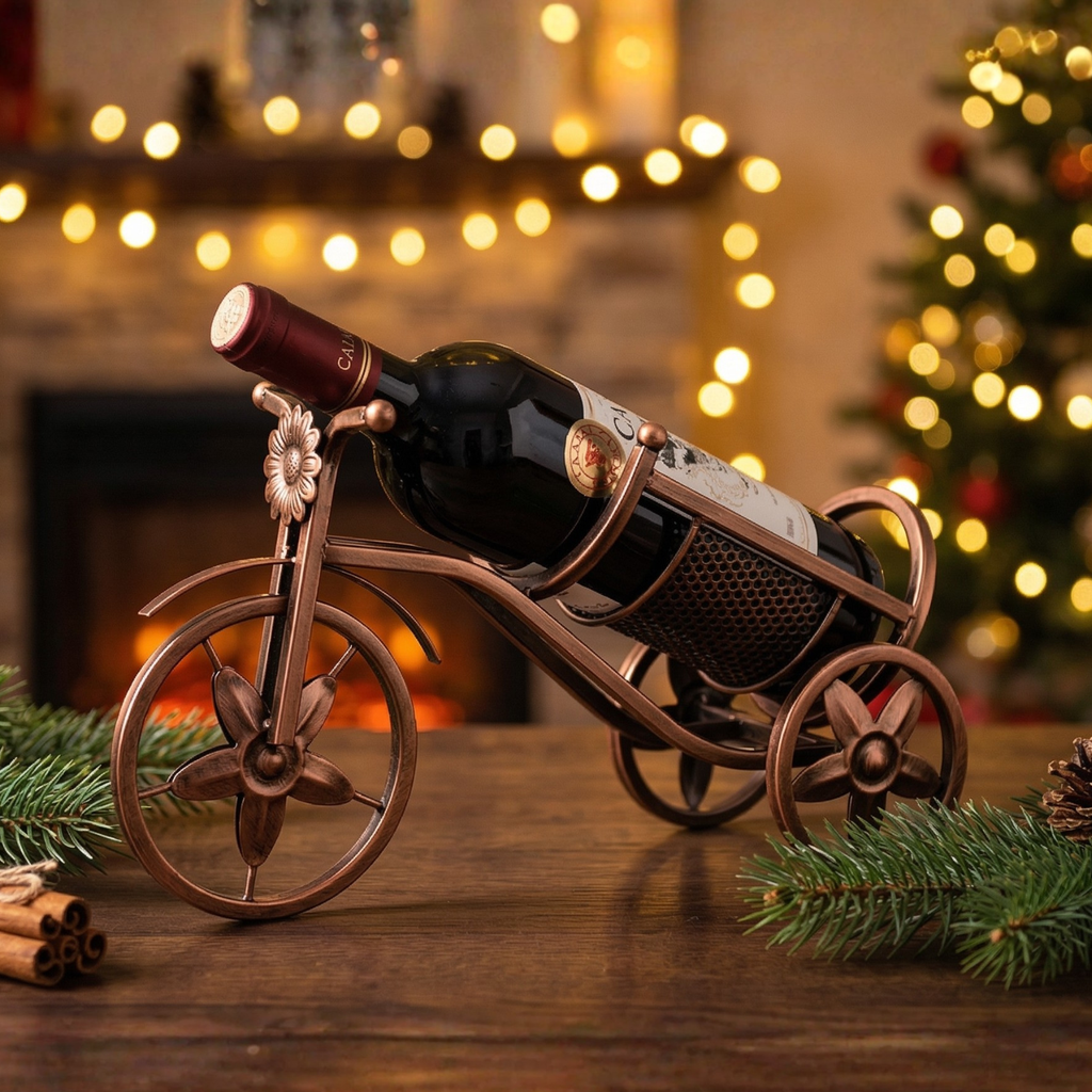 Bronze tricycle wine rack with curved handles and front wheel, holds a wine bottle