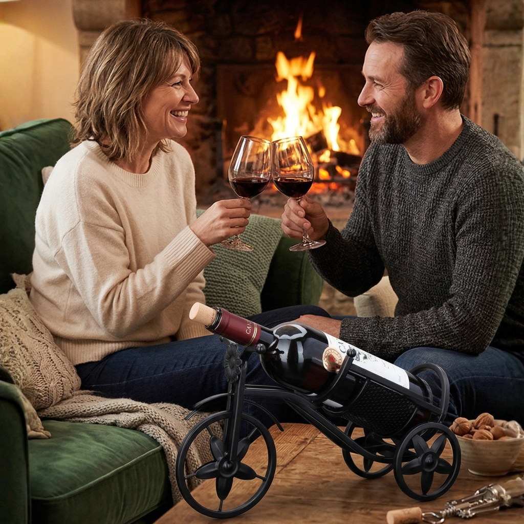 Black tricycle wine rack with wine bottle and metal side holder, decorative wheels