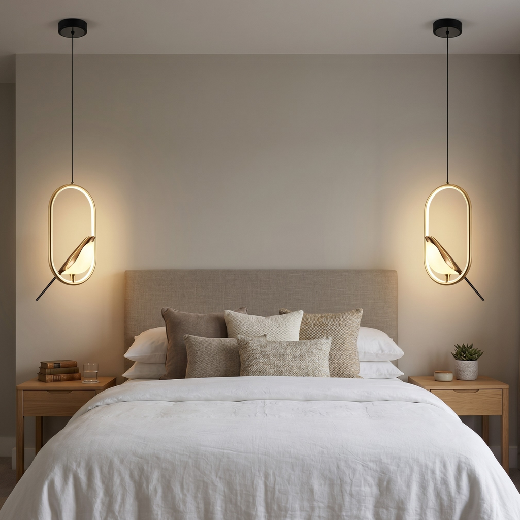 Bird pendant light, two oval LED rings with bird silhouettes, warm gold glow