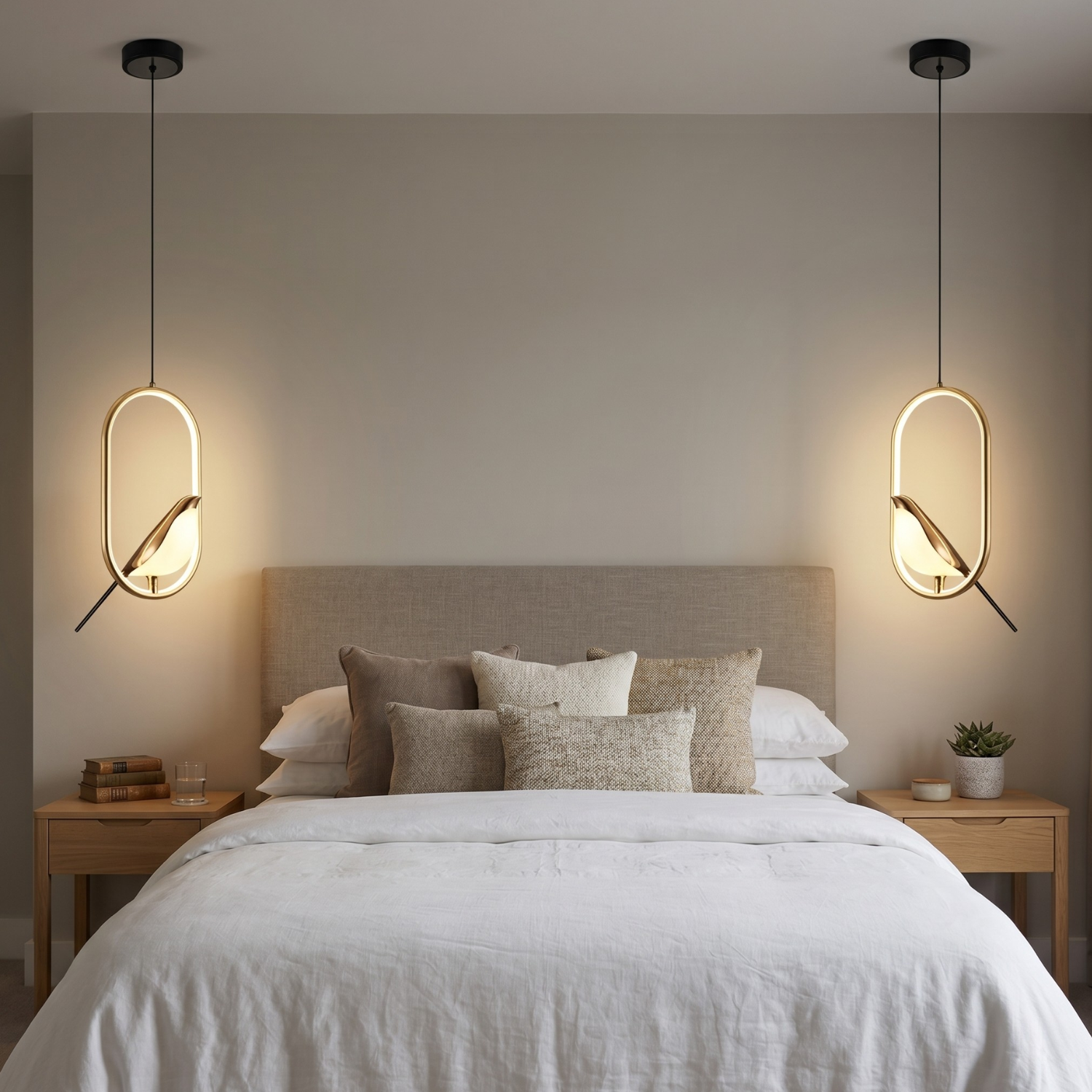 Modern Bird Pendant Light | Minimalist Magpie LED Ring Chandelier | Round or Oval | Black or Gold | Bedroom Bedside Hanging Light