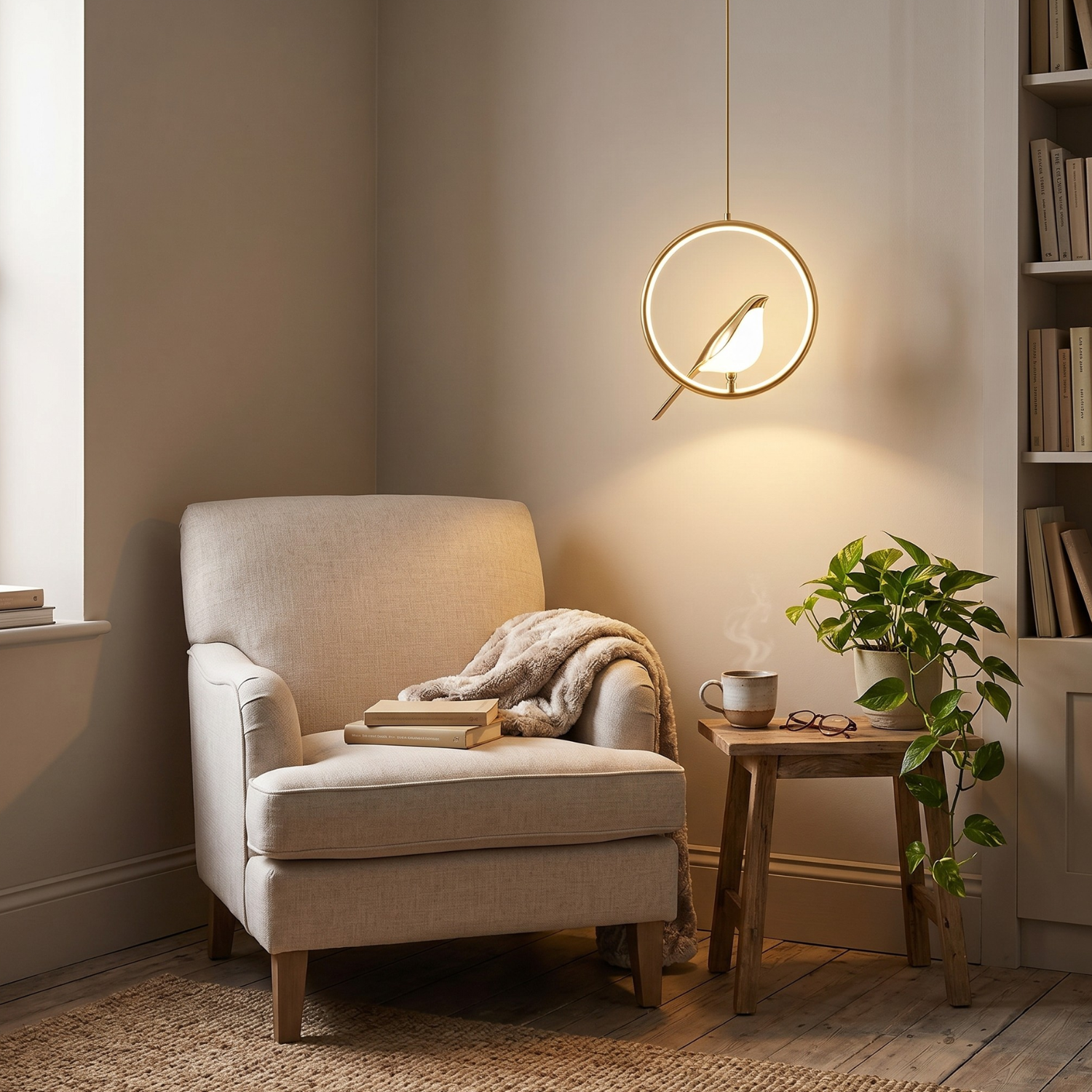 Modern Bird Pendant Light | Minimalist Magpie LED Ring Chandelier | Round or Oval | Black or Gold | Bedroom Bedside Hanging Light