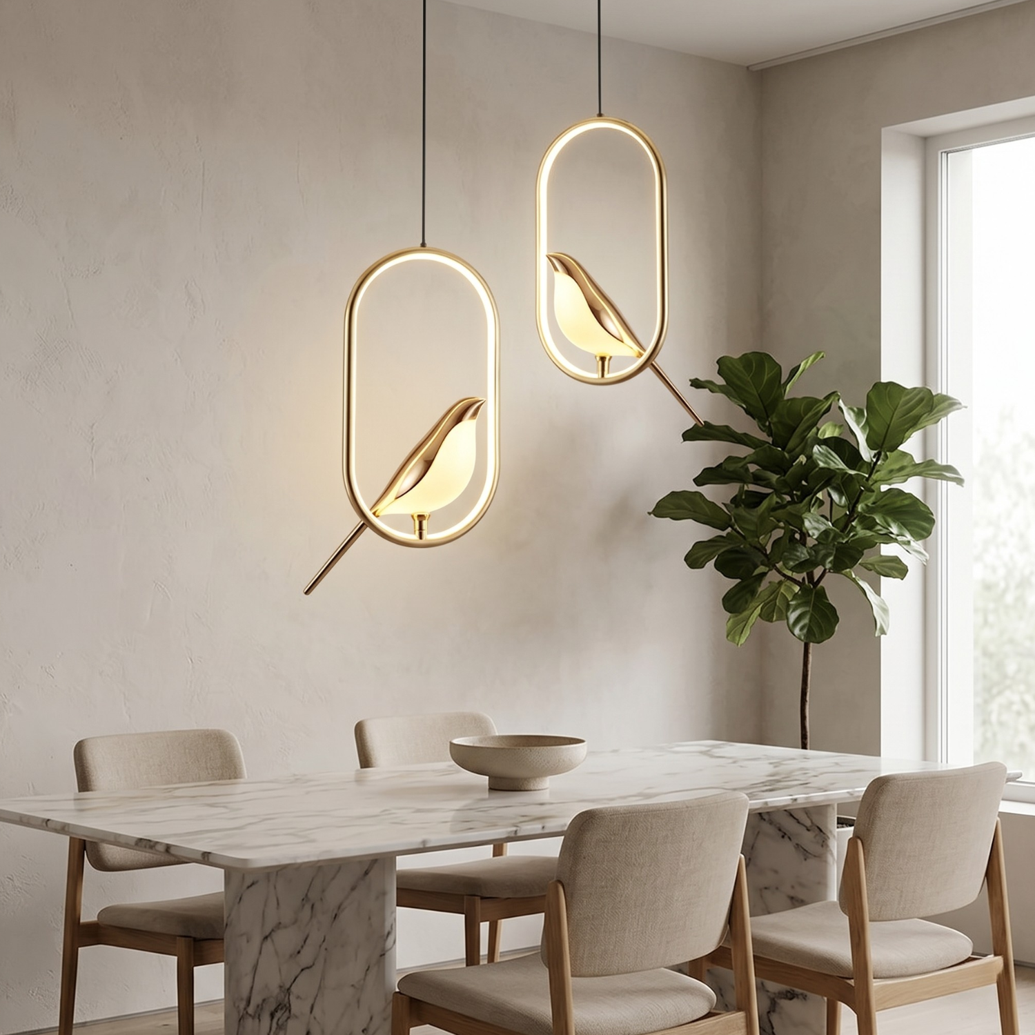 Modern Bird Pendant Light | Minimalist Magpie LED Ring Chandelier | Round or Oval | Black or Gold | Bedroom Bedside Hanging Light