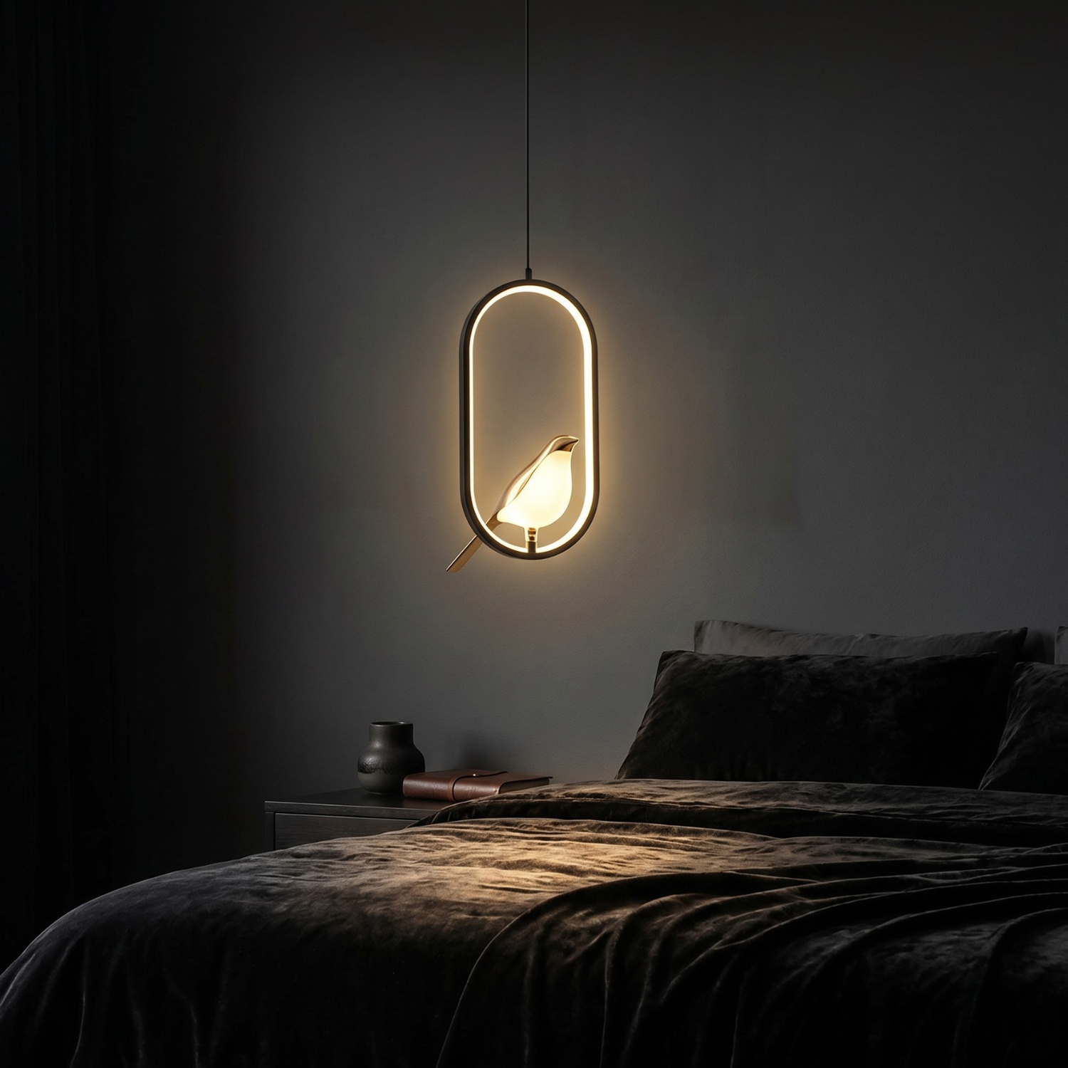 Modern Bird Pendant Light | Minimalist Magpie LED Ring Chandelier | Round or Oval | Black or Gold | Bedroom Bedside Hanging Light