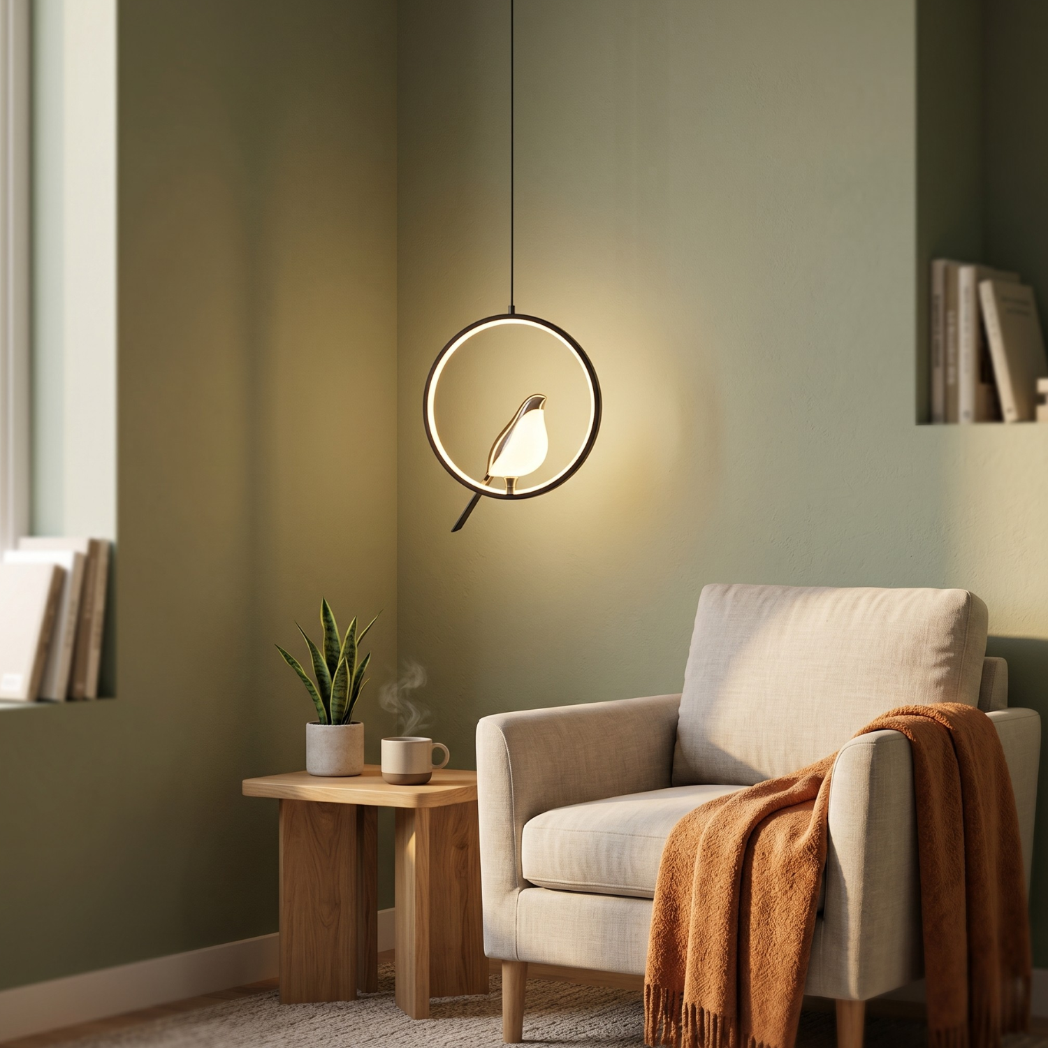 Modern Bird Pendant Light | Minimalist Magpie LED Ring Chandelier | Round or Oval | Black or Gold | Bedroom Bedside Hanging Light