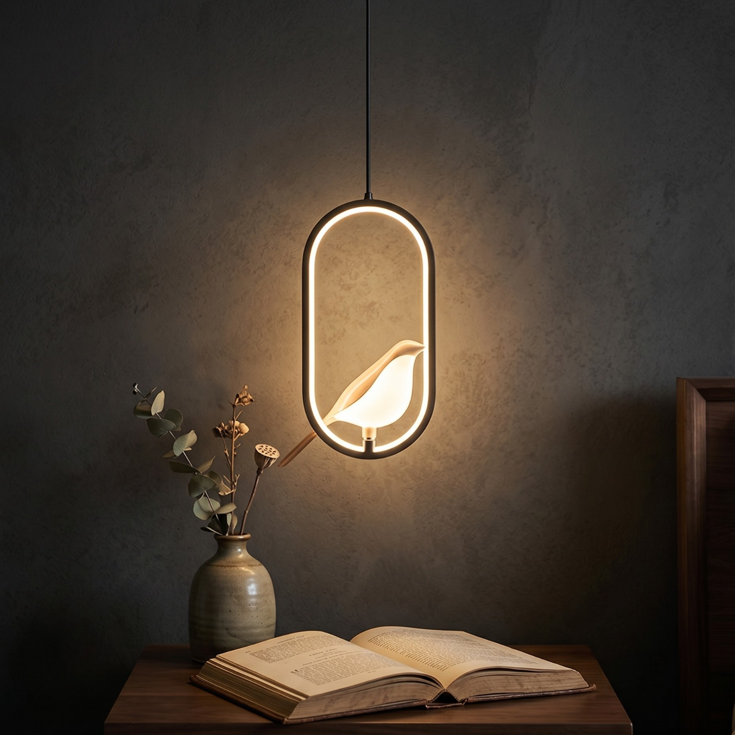 Modern Bird Pendant Light | Minimalist Magpie LED Ring Chandelier | Round or Oval | Black or Gold | Bedroom Bedside Hanging Light