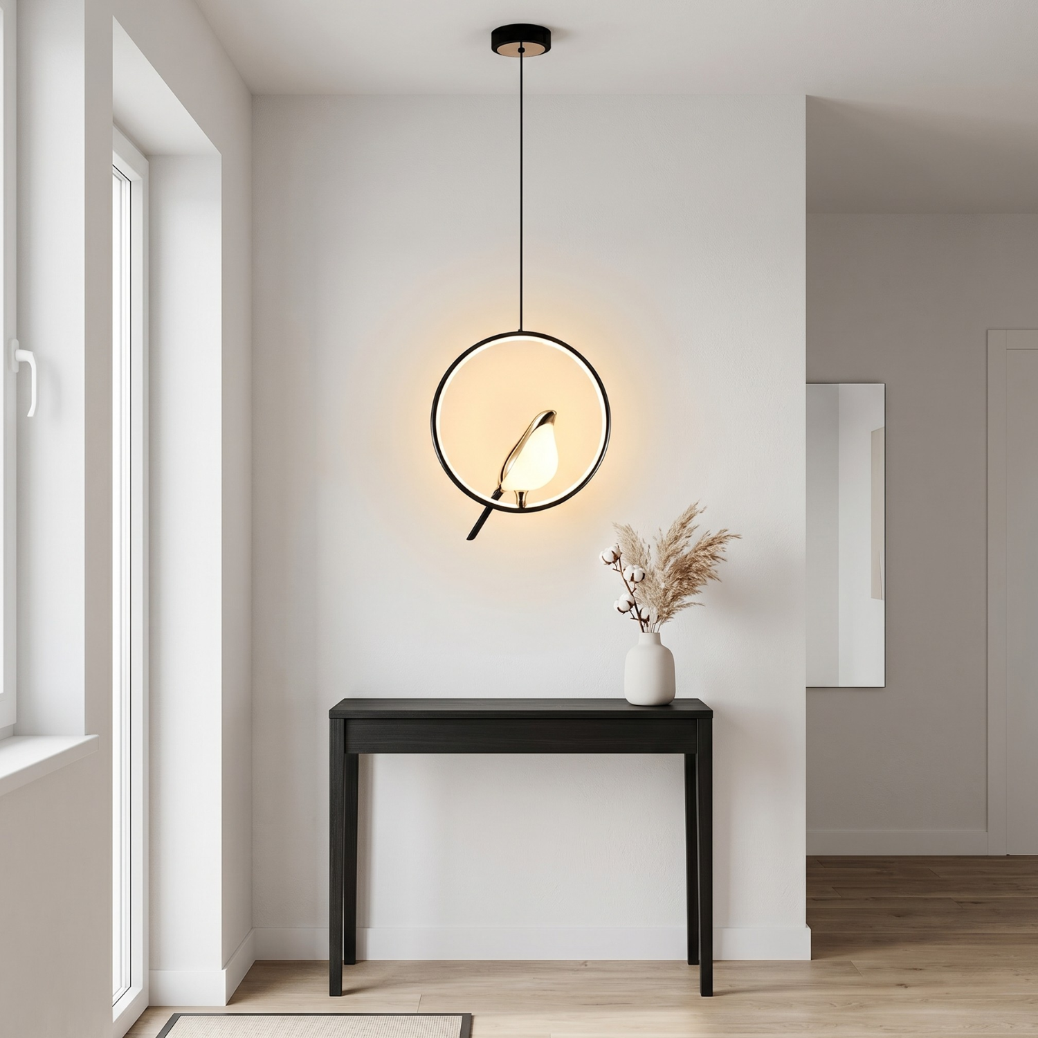 Modern Bird Pendant Light | Minimalist Magpie LED Ring Chandelier | Round or Oval | Black or Gold | Bedroom Bedside Hanging Light