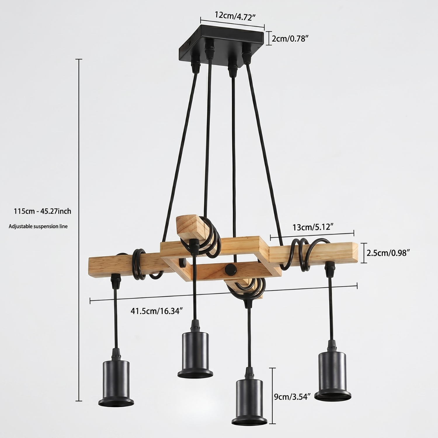 Sun Lake Supply 4-light pendant chandelier diagram with adjustable suspension line