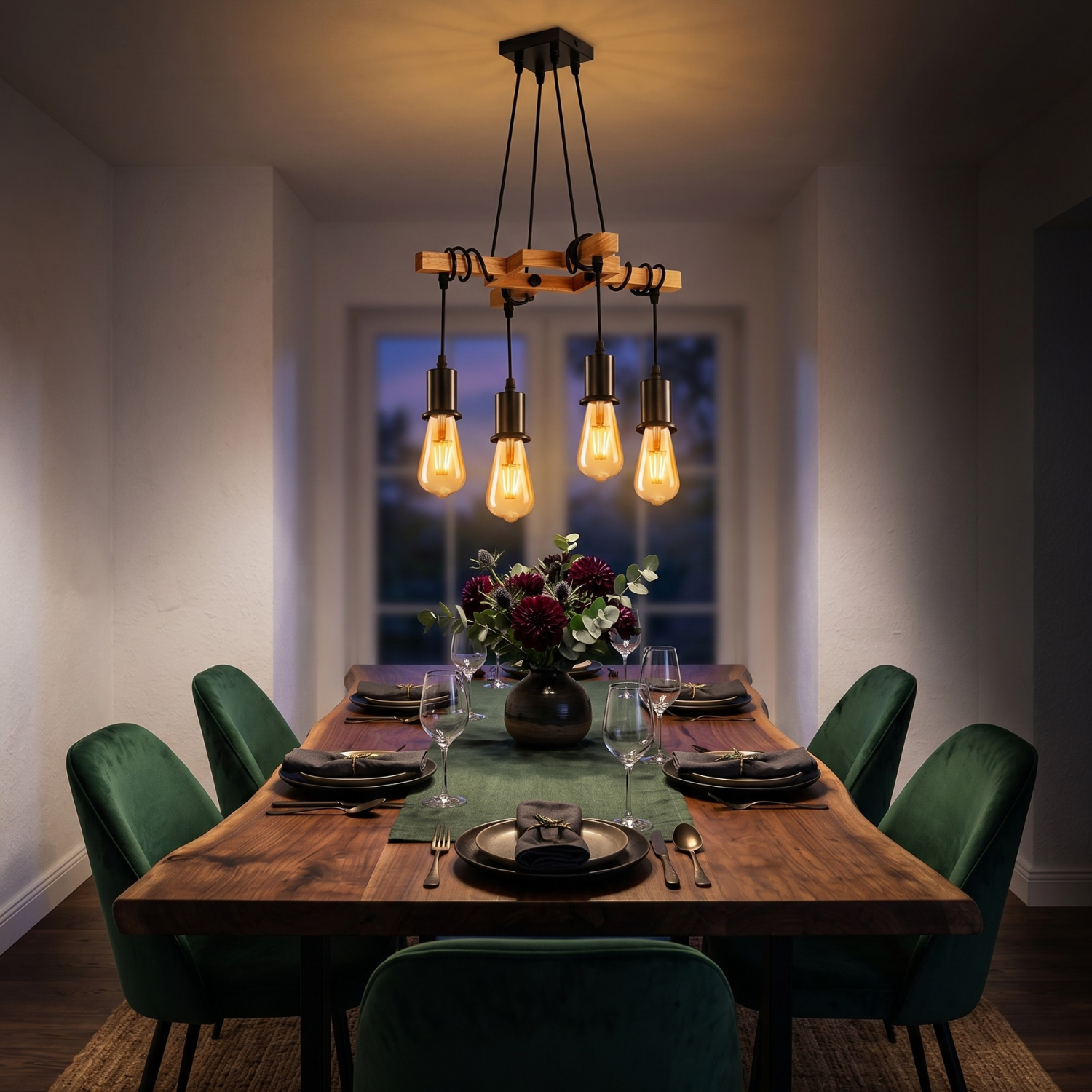 Rustic wood and black iron 4-light pendant chandelier with four glowing exposed bulbs
