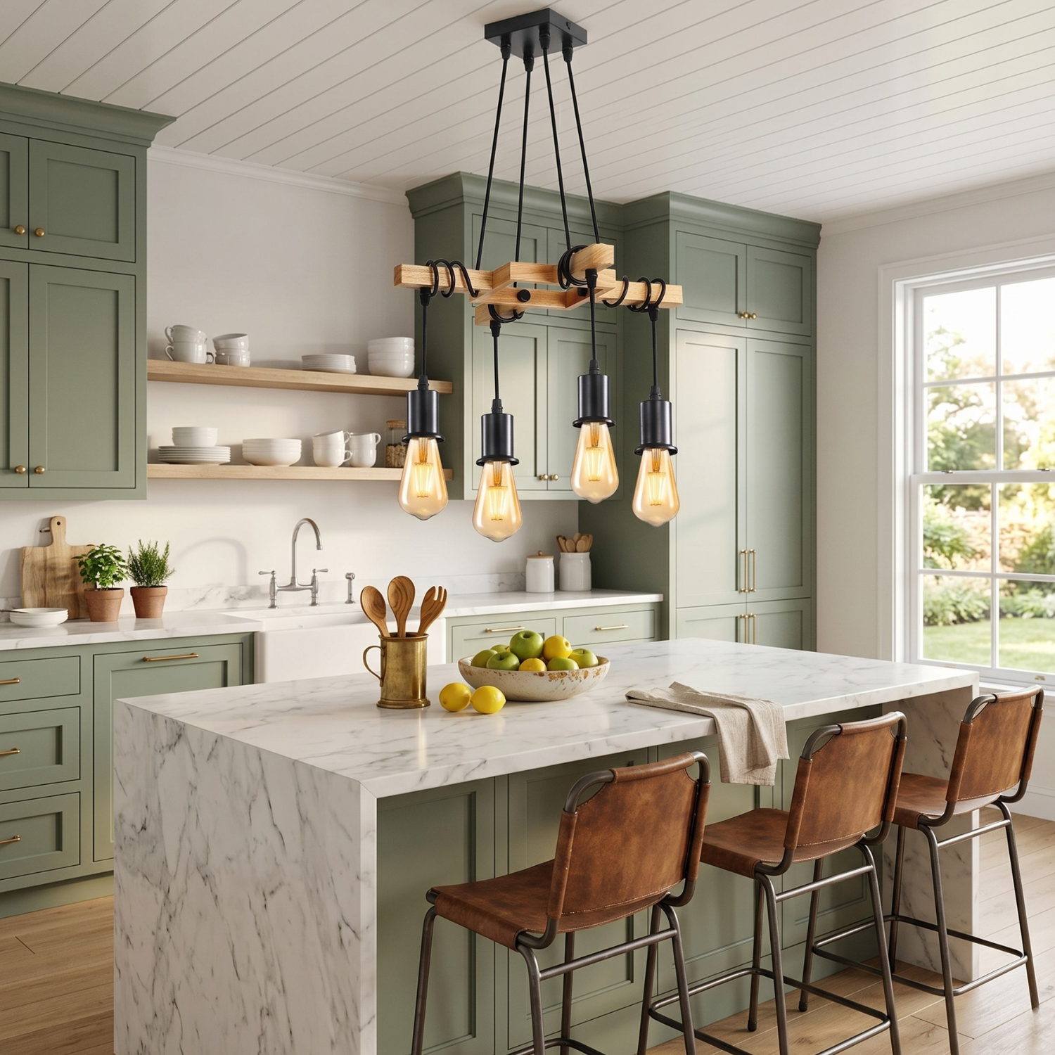 Rustic Wood & Black Iron 4-Light Pendant Chandelier | Industrial Farmhouse Ceiling Light | Adjustable Height | Dining Room Kitchen Island Lighting