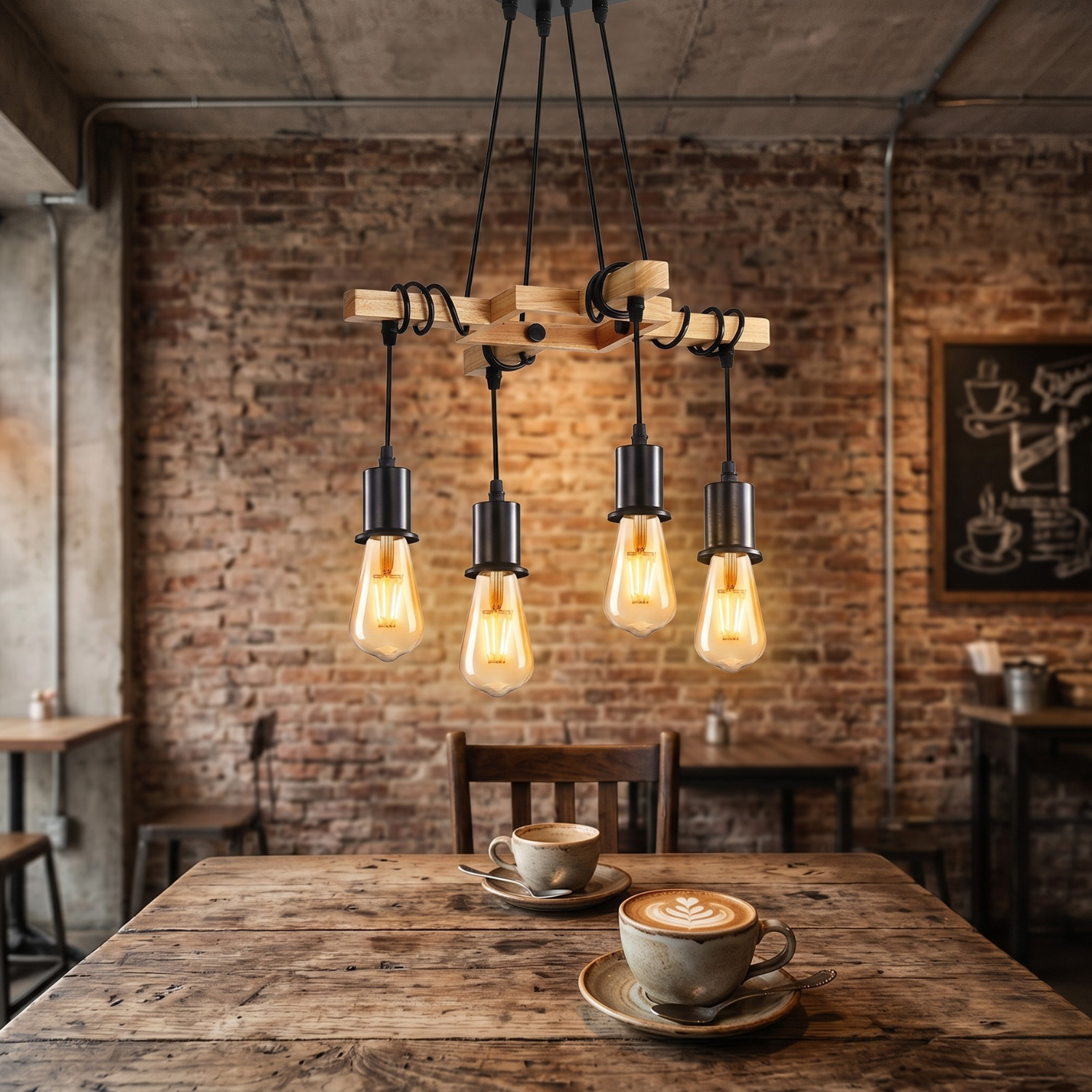 Rustic Wood & Black Iron 4-Light Pendant Chandelier | Industrial Farmhouse Ceiling Light | Adjustable Height | Dining Room Kitchen Island Lighting