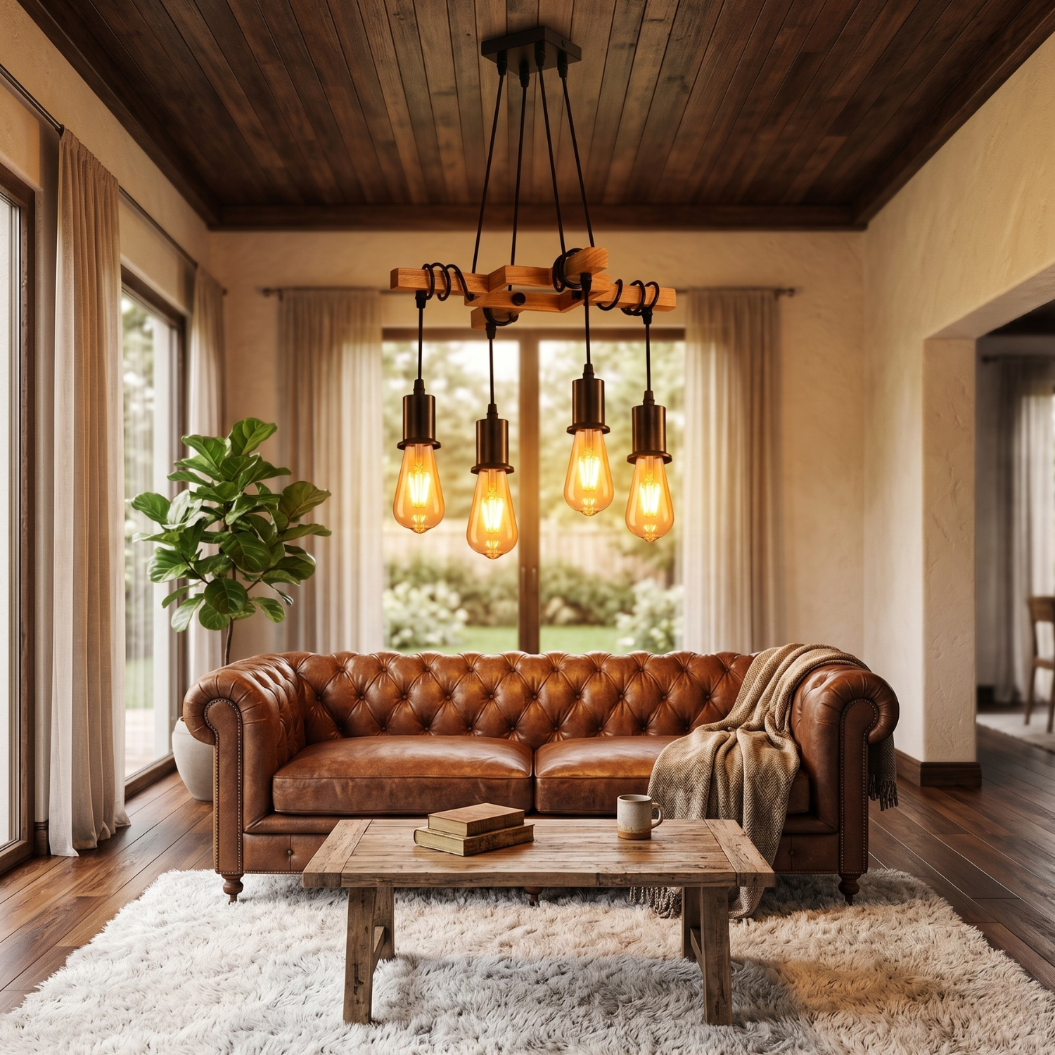 Rustic Wood & Black Iron 4-Light Pendant Chandelier | Industrial Farmhouse Ceiling Light | Adjustable Height | Dining Room Kitchen Island Lighting