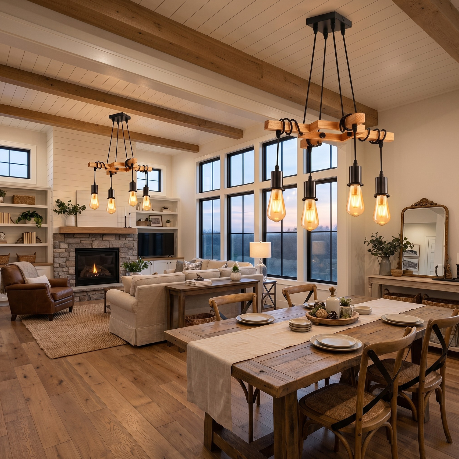 Rustic Wood & Black Iron 4-Light Pendant Chandelier | Industrial Farmhouse Ceiling Light | Adjustable Height | Dining Room Kitchen Island Lighting