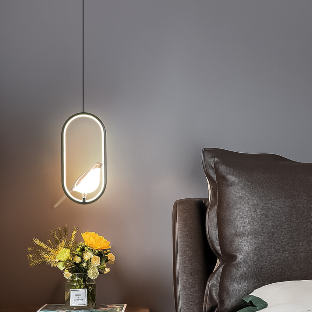 Bird pendant light, oval LED ring with bird silhouette in dark frame