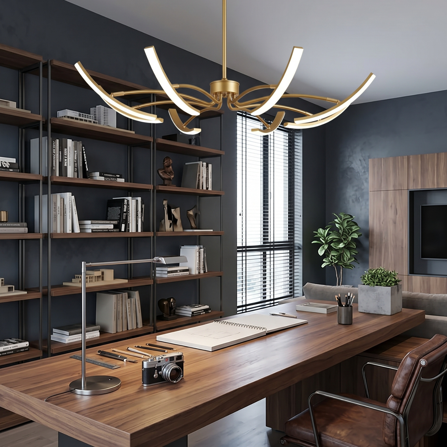 Sculptural Arc LED Chandelier | Modern Gold & Black Ceiling Light | Adjustable Multi-Head Pendant Light | Dimmable Living Room & Dining Room Light Fixture