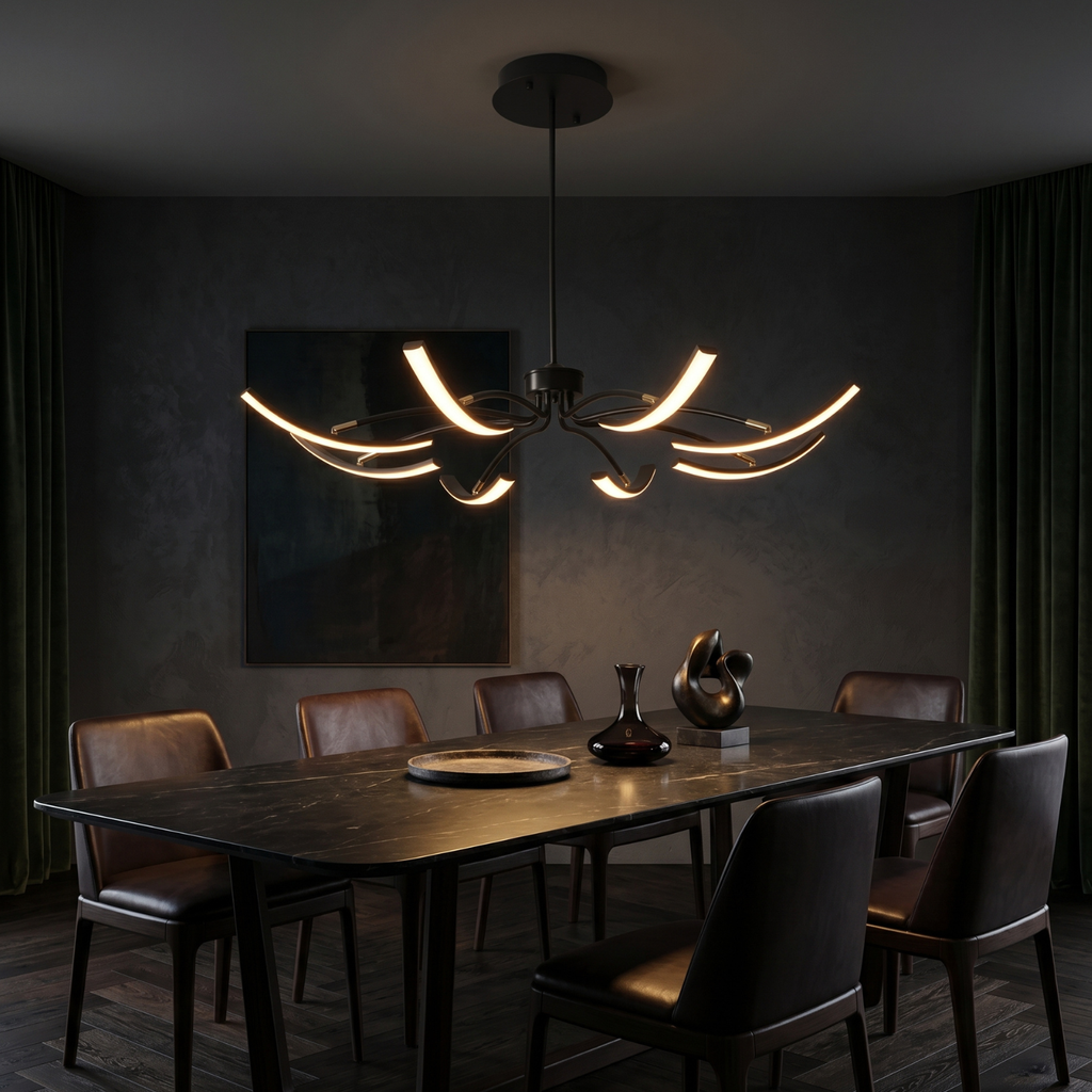 Sculptural arc LED chandelier, black multi-head with warm glow, circular ceiling mount
