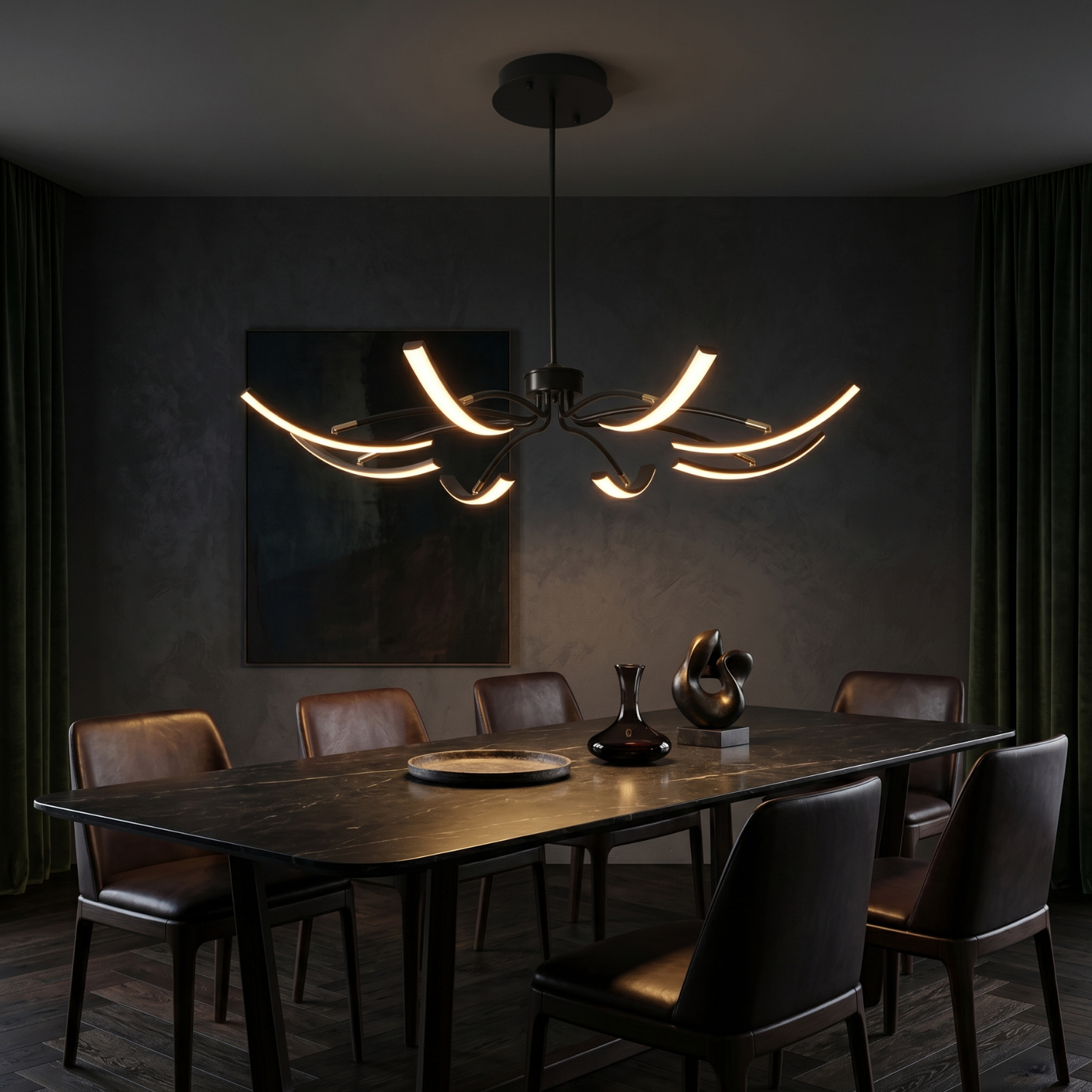 Sculptural Arc LED Chandelier | Modern Gold & Black Ceiling Light | Adjustable Multi-Head Pendant Light | Dimmable Living Room & Dining Room Light Fixture