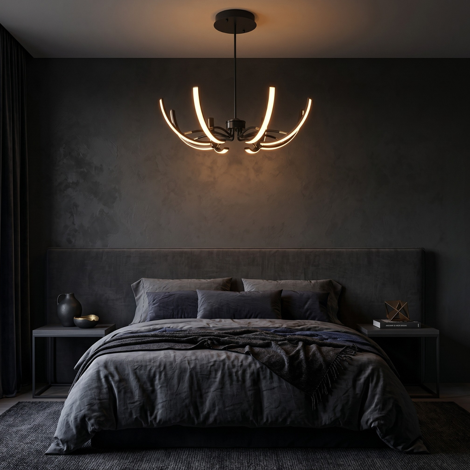 Black arc LED chandelier with curved light arms and warm glow, round ceiling canopy