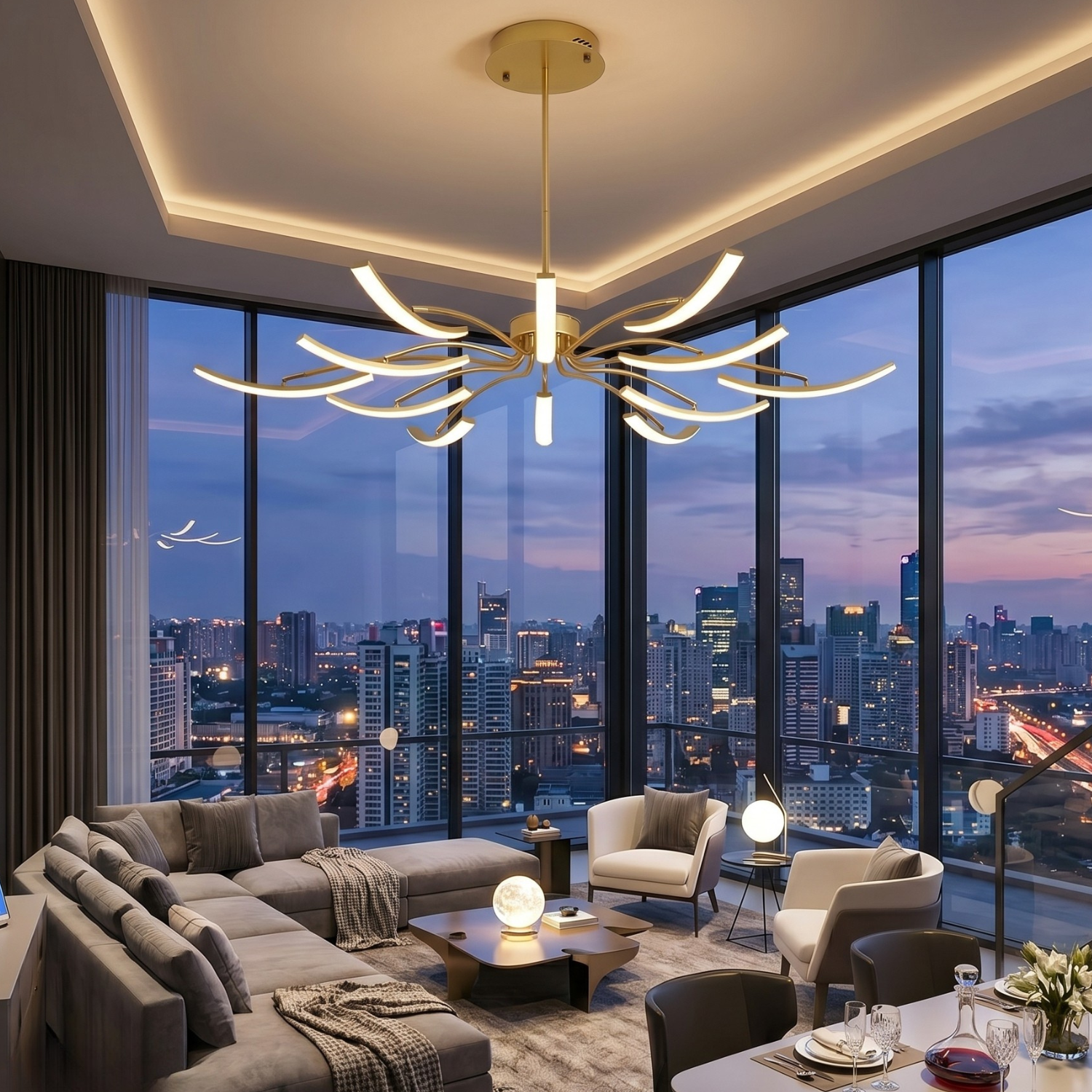 Sculptural Arc LED Chandelier | Modern Gold & Black Ceiling Light | Adjustable Multi-Head Pendant Light | Dimmable Living Room & Dining Room Light Fixture