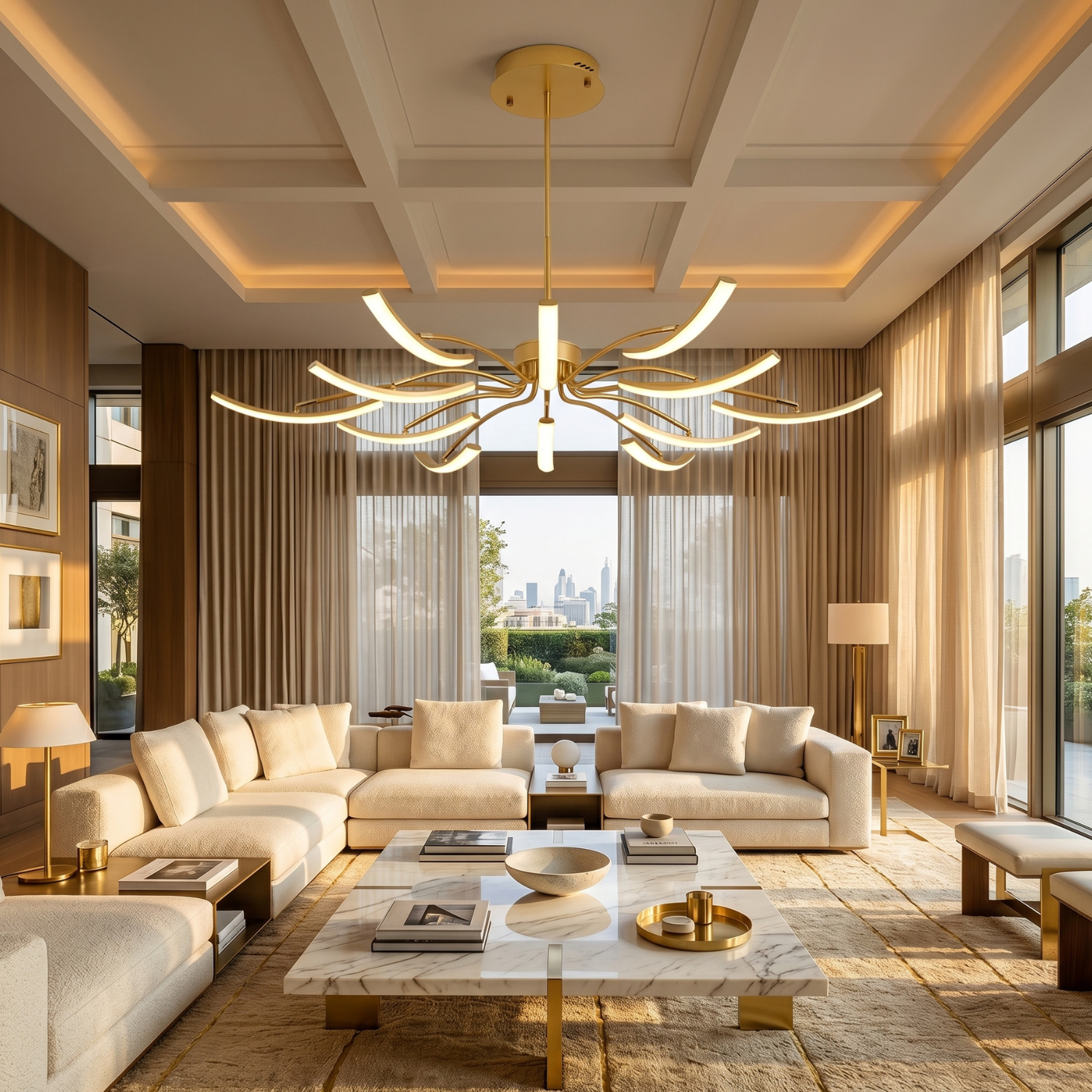 Sculptural Arc LED Chandelier | Modern Gold & Black Ceiling Light | Adjustable Multi-Head Pendant Light | Dimmable Living Room & Dining Room Light Fixture