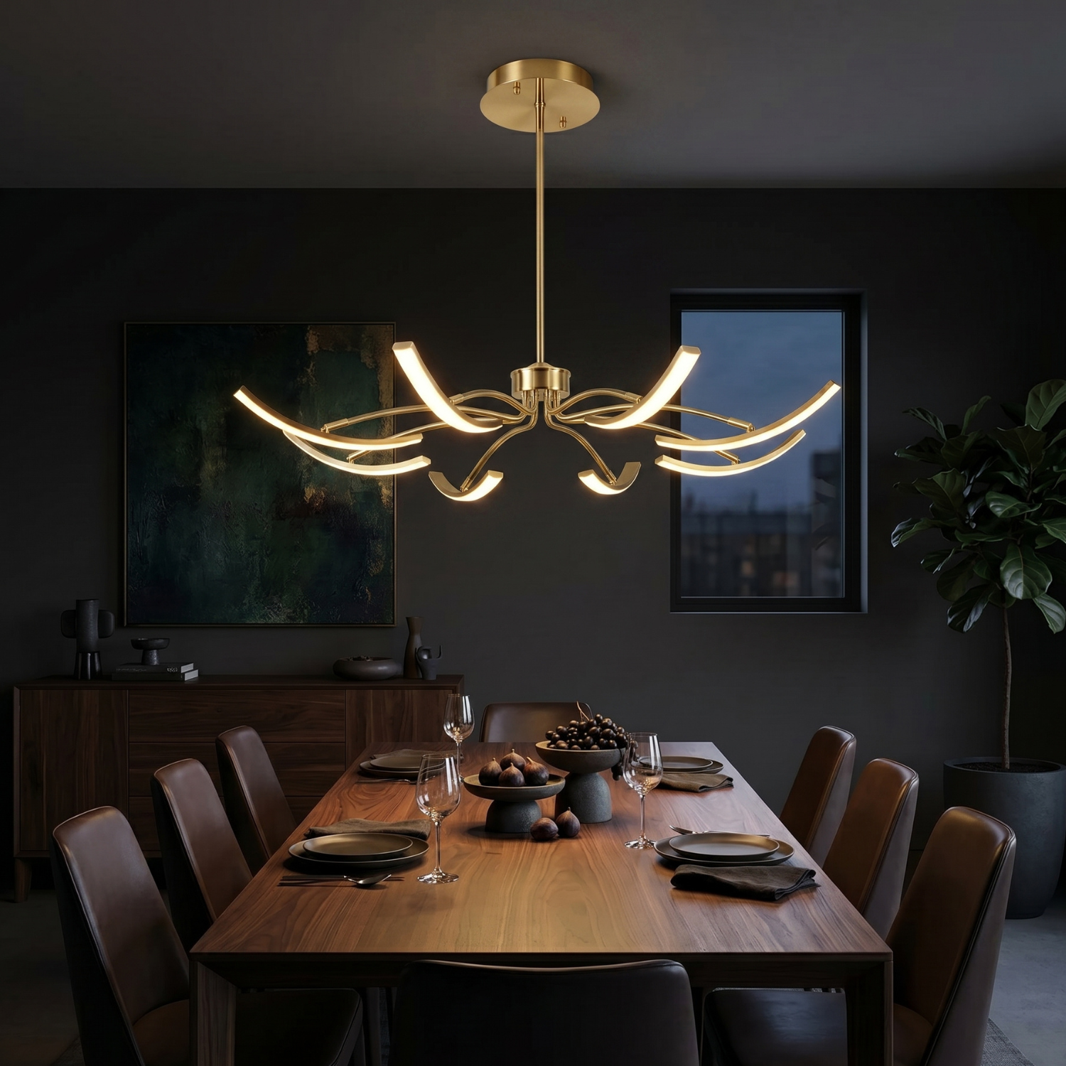 Sculptural Arc LED Chandelier | Modern Gold & Black Ceiling Light | Adjustable Multi-Head Pendant Light | Dimmable Living Room & Dining Room Light Fixture