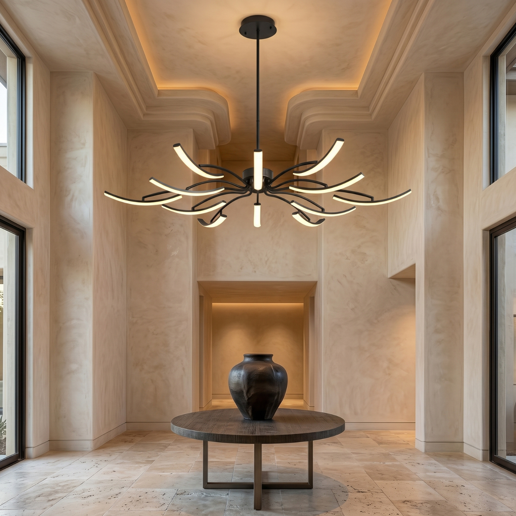 Black arc LED chandelier with curved light arms and warm glow, multi-head ceiling pendant