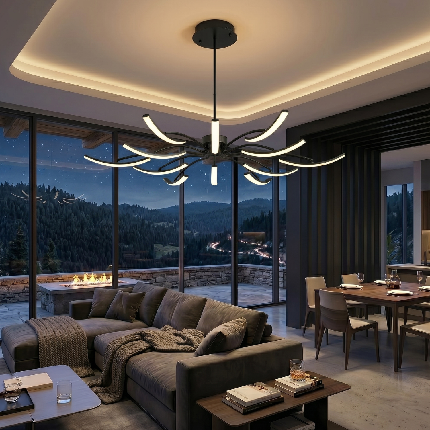 Sculptural Arc LED Chandelier | Modern Gold & Black Ceiling Light | Adjustable Multi-Head Pendant Light | Dimmable Living Room & Dining Room Light Fixture