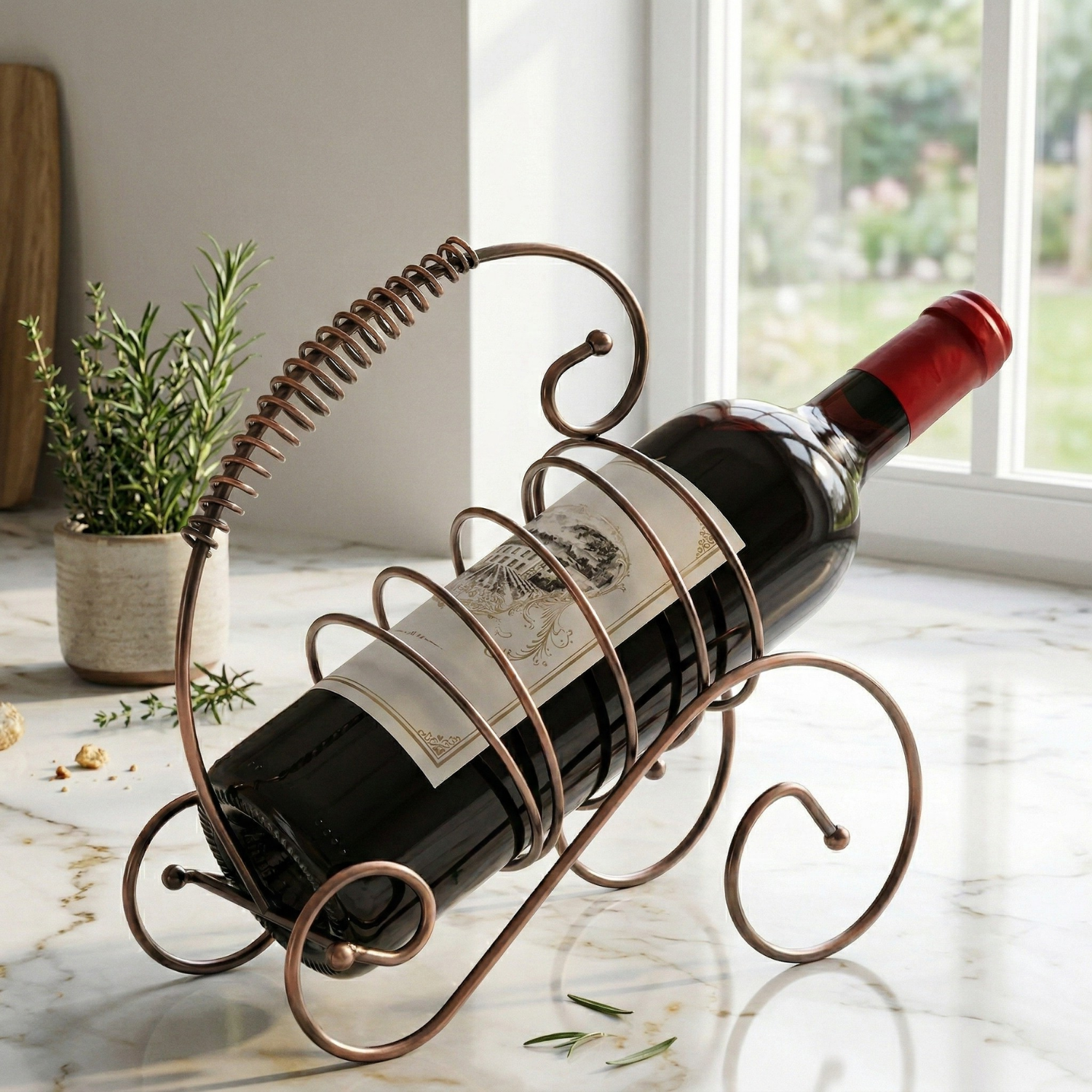 Single Bottle Wine Rack | Bronze Finish Iron Holder | Space-Saving Bar Decor for Home & Restaurant