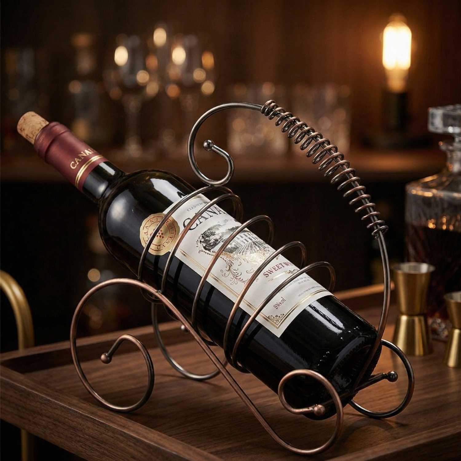 Single Bottle Wine Rack | Bronze Finish Iron Holder | Space-Saving Bar Decor for Home & Restaurant