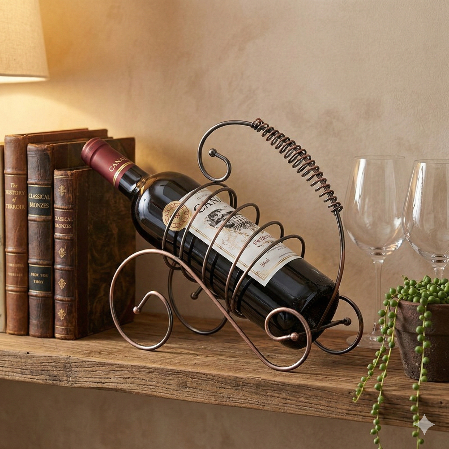 Single Bottle Wine Rack | Bronze Finish Iron Holder | Space-Saving Bar Decor for Home & Restaurant