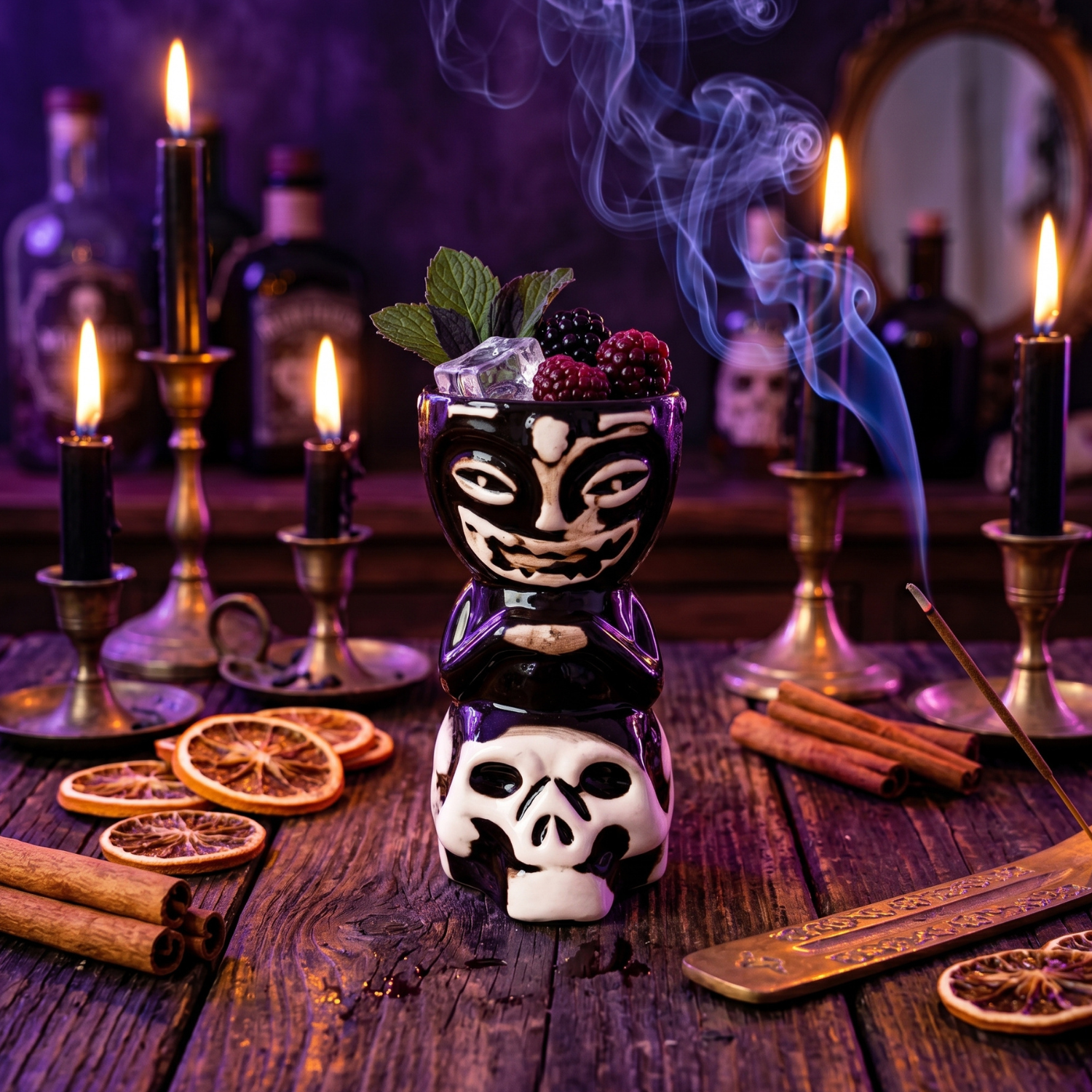 Skull tiki mug in black glaze with white skull face, garnished drink with berries