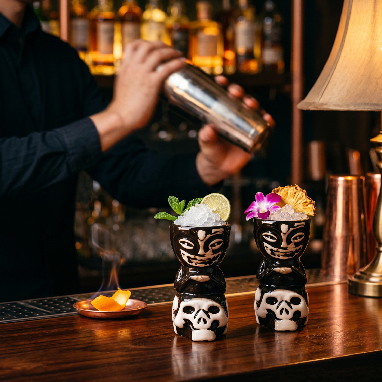 Two skull tiki mugs on bar counter, black ceramic with white faces, cocktail garnish