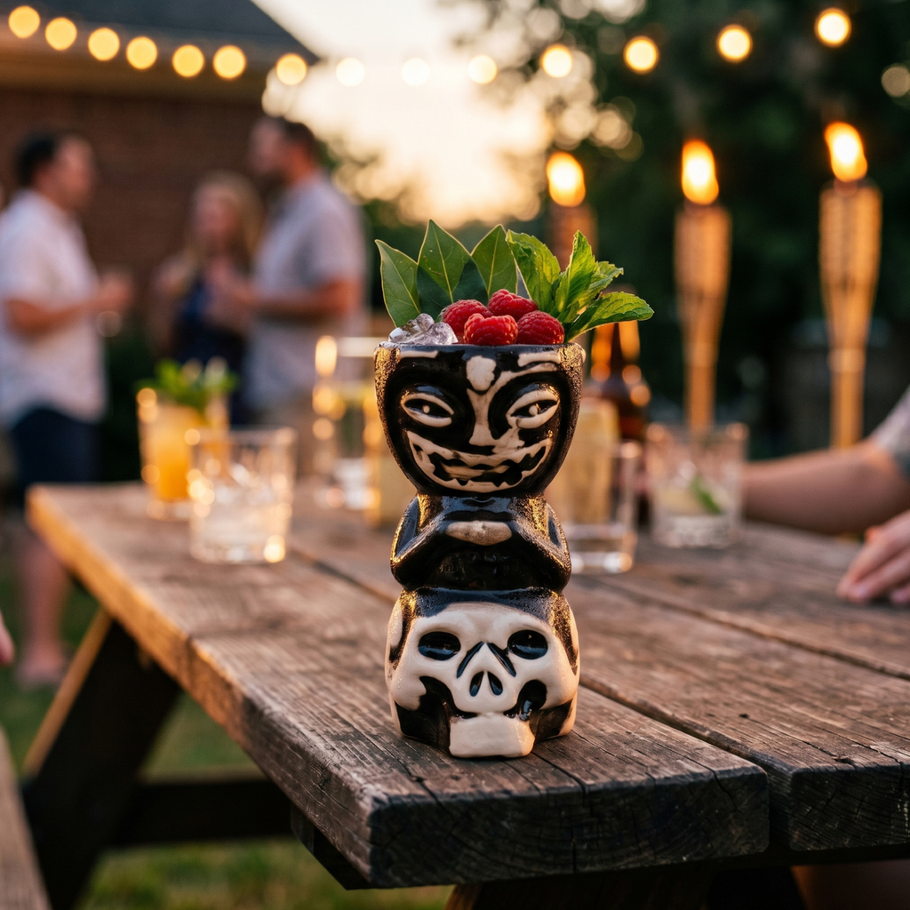 Skull tiki mug on outdoor table, black ceramic with white face, berries and mint garnish