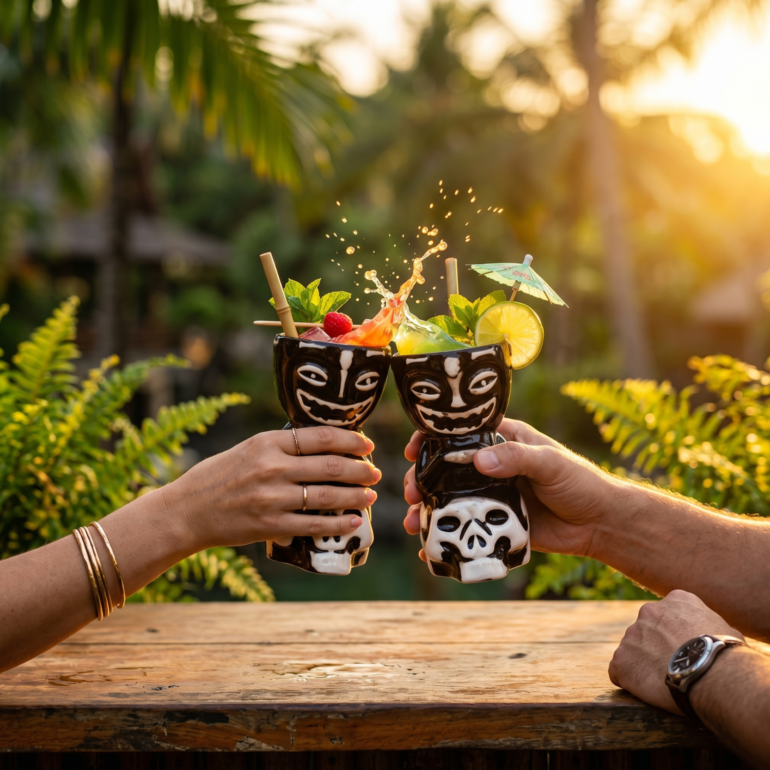 Hands holding skull tiki mug, black ceramic with white face, tropical cocktail garnish