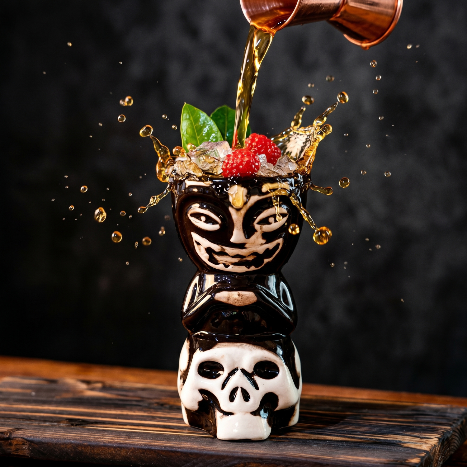 Skull tiki mug in black ceramic with white face, cocktail pouring into the top