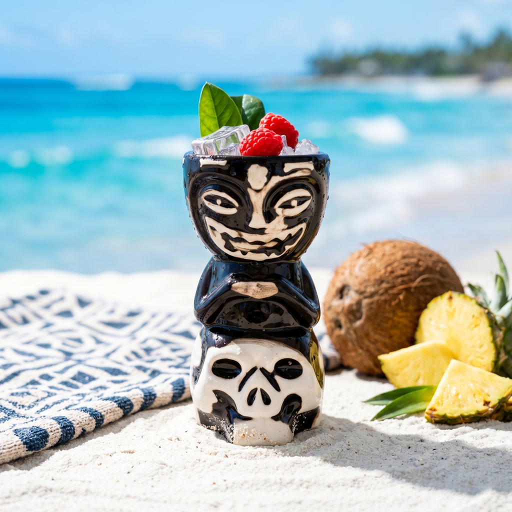 Skull tiki mug on sand, black ceramic with white skull face, drink with ice and berries